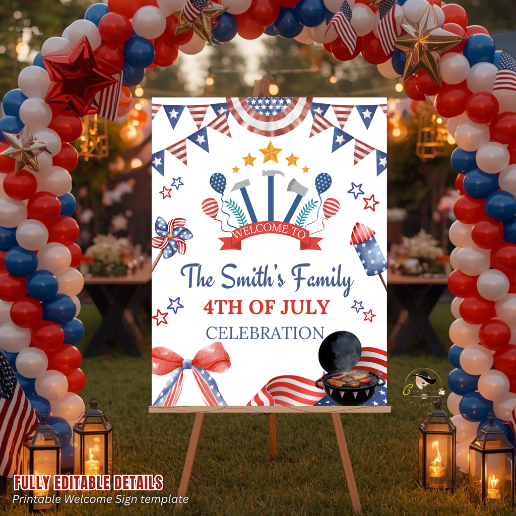 4th of July Welcome Party Sign, Fourth of July Sign, USA Independence day, Patriotic Poster Sign, Red White Blue, Digital Printable template