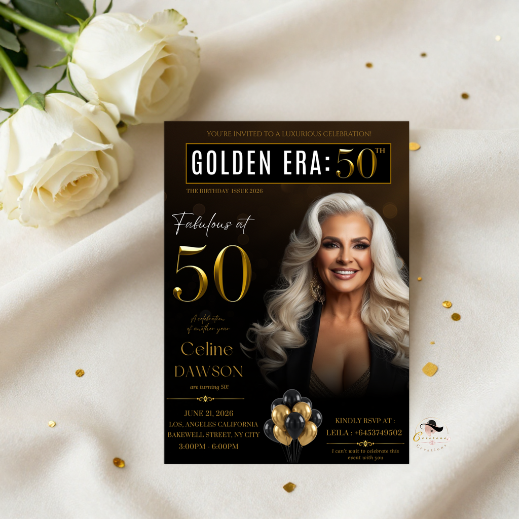 Black Gold 50th Birthday Invitation, 50 and Fabulous Party Invite, Dinner or Brunch Invitation with photo, Man Woman Magazine Cover Template
