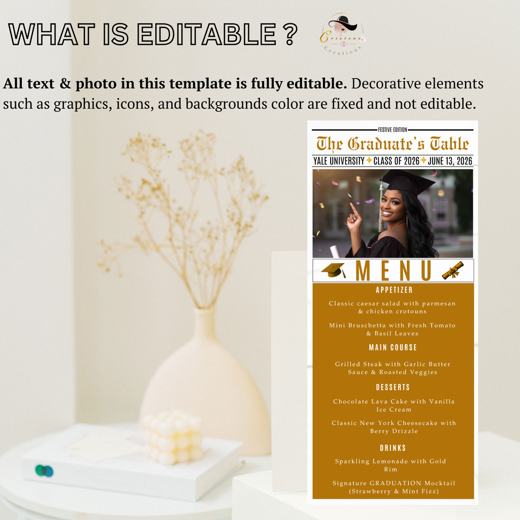 Graduation Newspaper Menu Template with Photo, Class of 2026 Senior Grad Party Dinner Menu For Him and Her, Gold Editable Printable Card