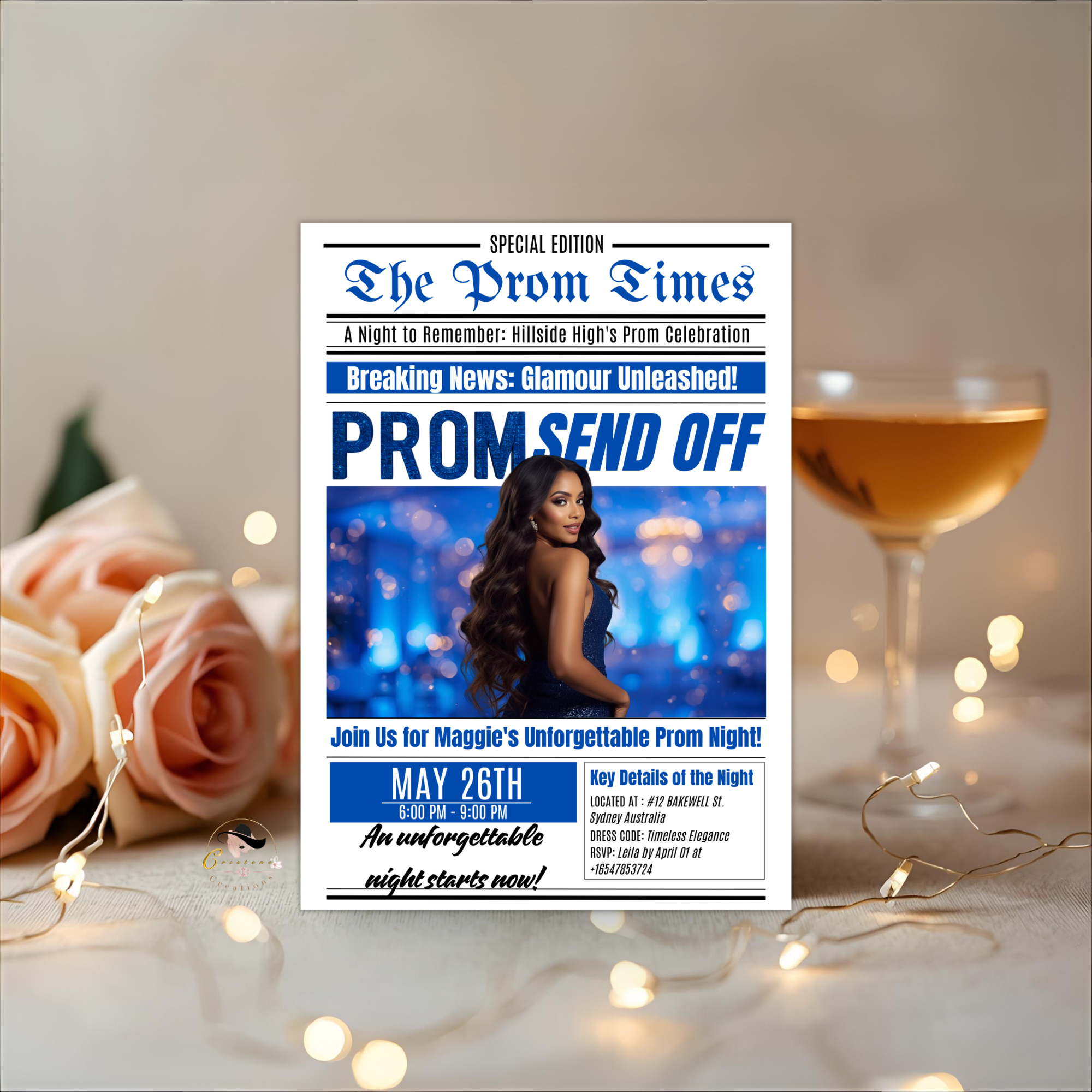 Newspaper Prom Send Off Invitation, Prom Queen with photo invite, Teen Boy Prom Night Party Flyer, Blue Prom Card Digital Printable Template