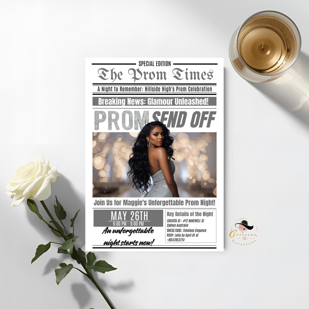 Newspaper Prom Send Off Party Invitation, White Silver Prom Queen with photo invite, Teen Prom Night Flyer Card, Digital Printable Template
