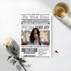 Newspaper Prom Send Off Party Invitation, White Silver Prom Queen with photo invite, Teen Prom Night Flyer Card, Digital Printable Template