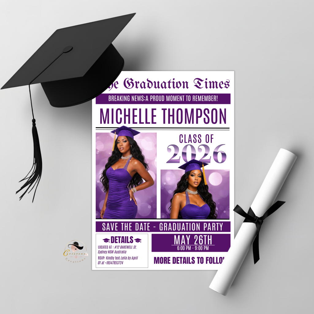 Purple Graduation Save the Date Invitation, Newspaper Grad Party with photo Invite, Class 2026 Boy Girl, Digital Printable Canva Template