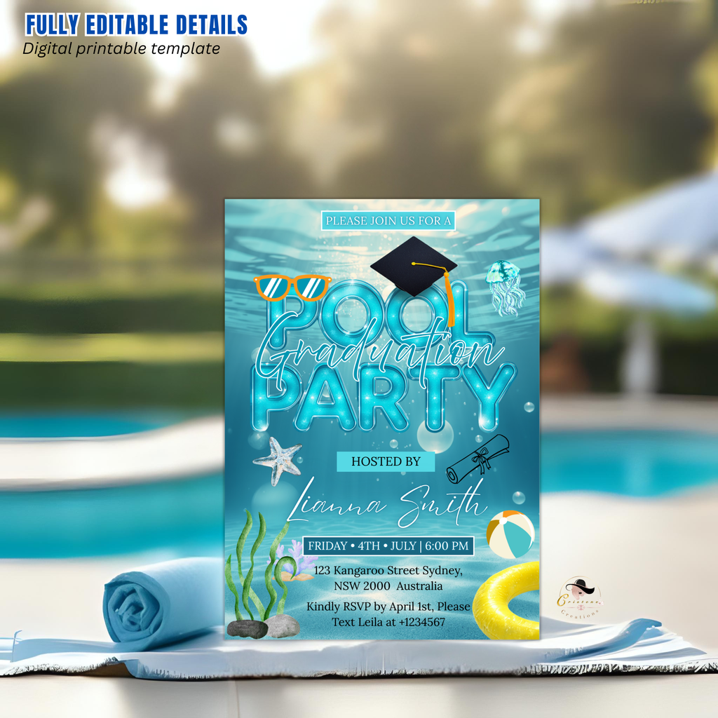 Graduation Pool Party Invitation, Senior High School College Grad Announcement Party Invite for Him and Her, Editable Canva Template