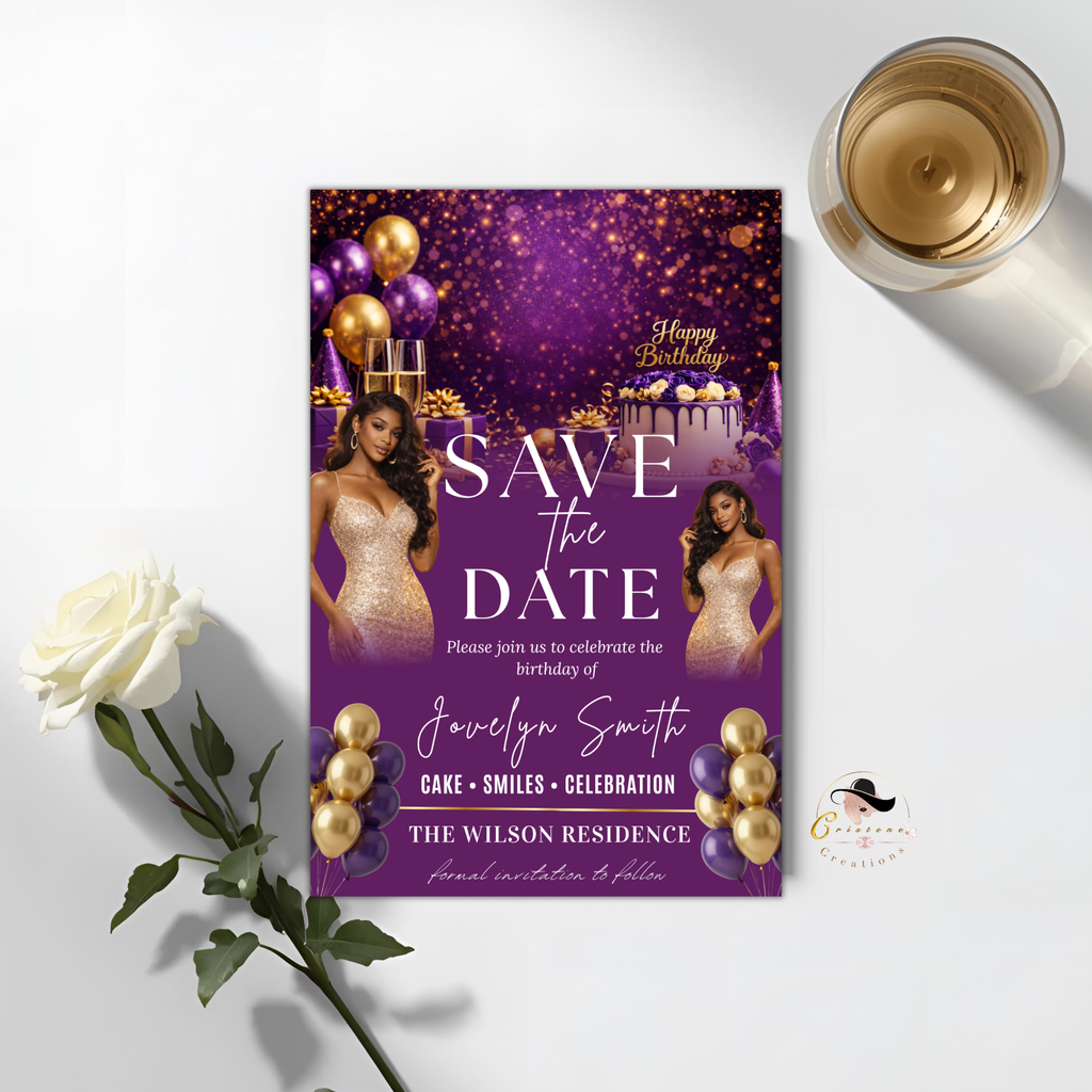 Save the Date Birthday Invitation, Purple Gold Save Date Party with photo Invite, Elegant Dinner Event Card, Printable Digital Template