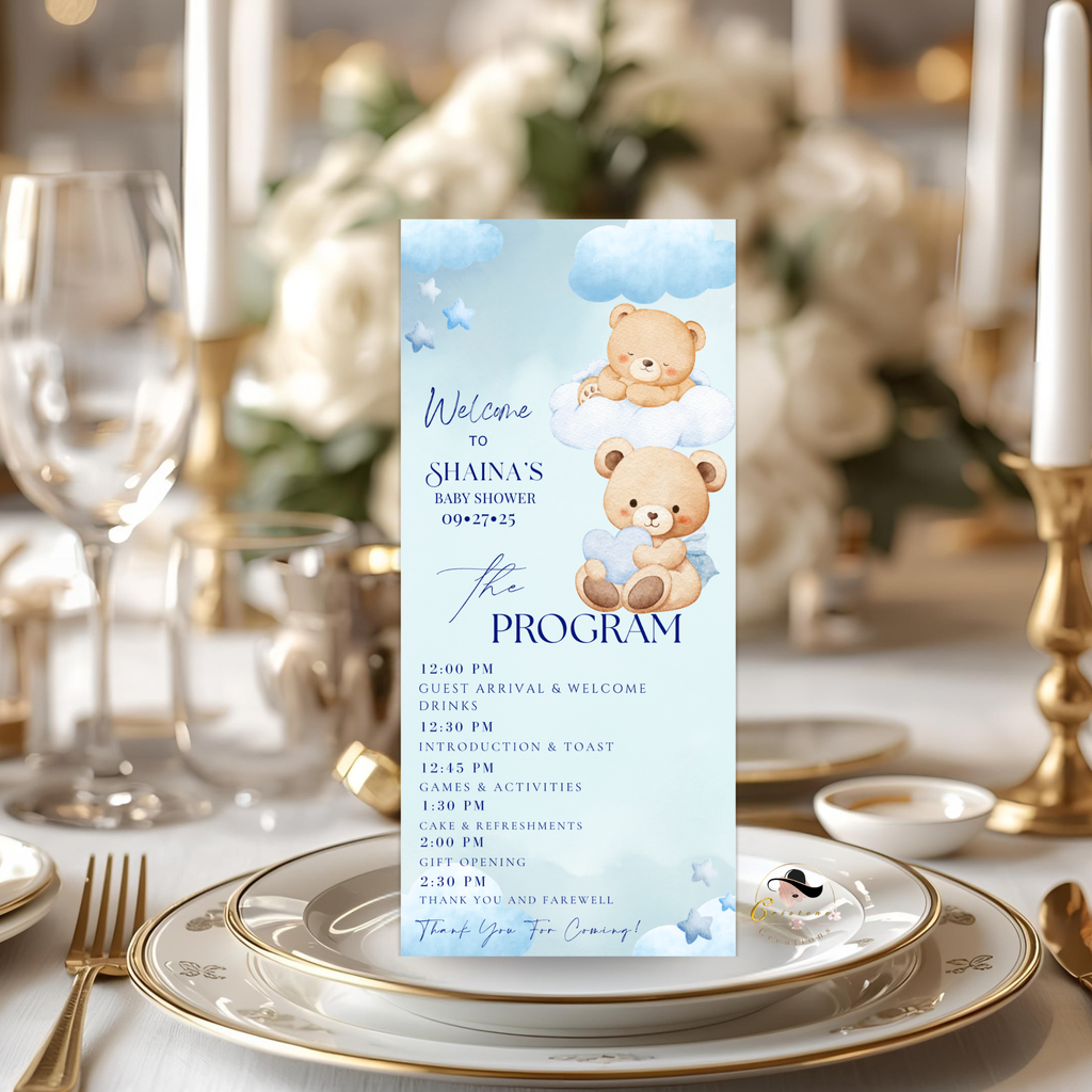 Cloud 9 Baby Shower Menu and Program Template, Blue Baby Shower Teddy Bear Theme Order of Events, Menu Card Editable Digital Printable Canva