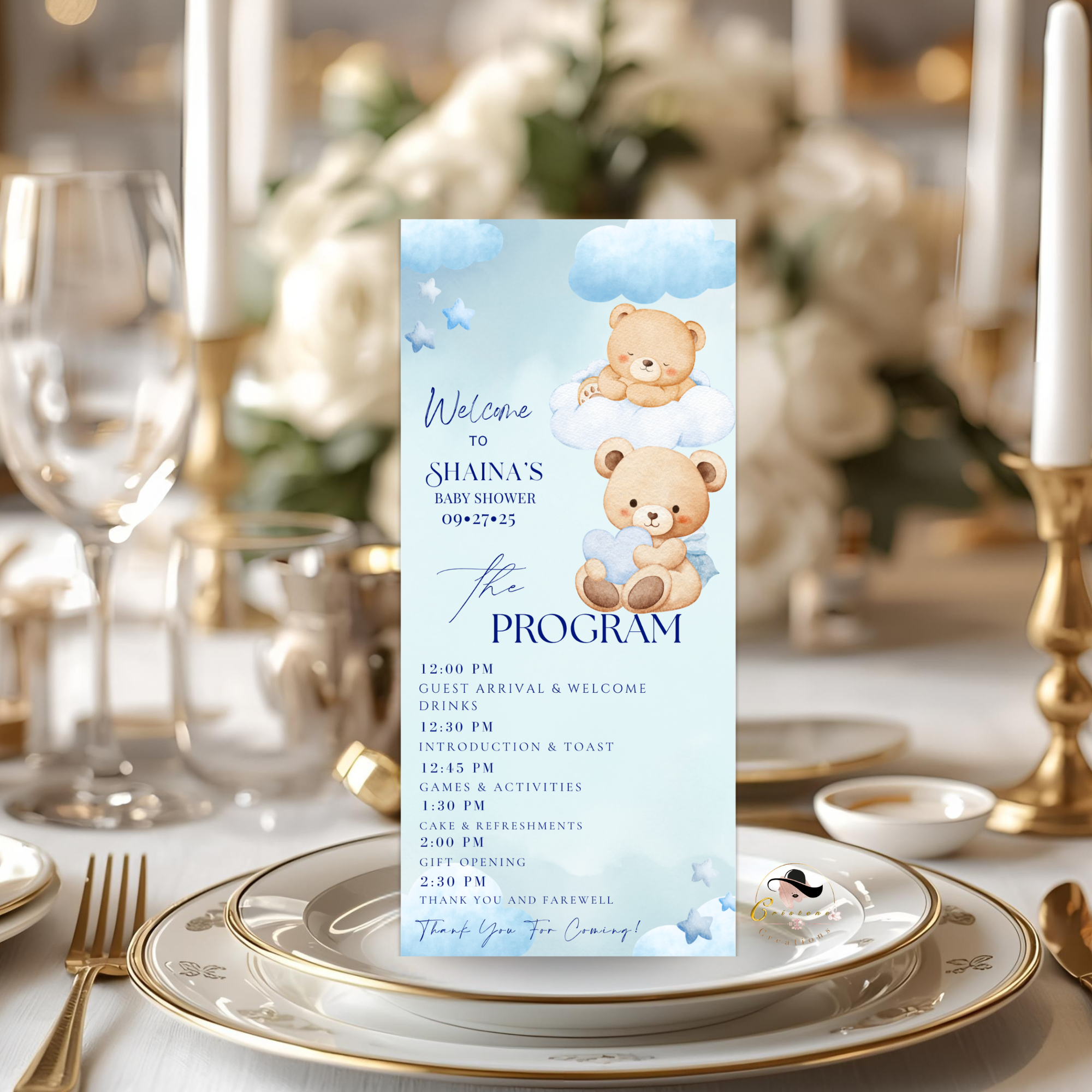 Cloud 9 Baby Shower Menu and Program Template, Blue Baby Shower Teddy Bear Theme Order of Events, Menu Card Editable Digital Printable Canva