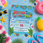 Graduation Pool Party Invitation, Kids Summer Beach Grad Invite, Hello Pool Goodbye School, Boy Girl Printable Editable Canva Template
