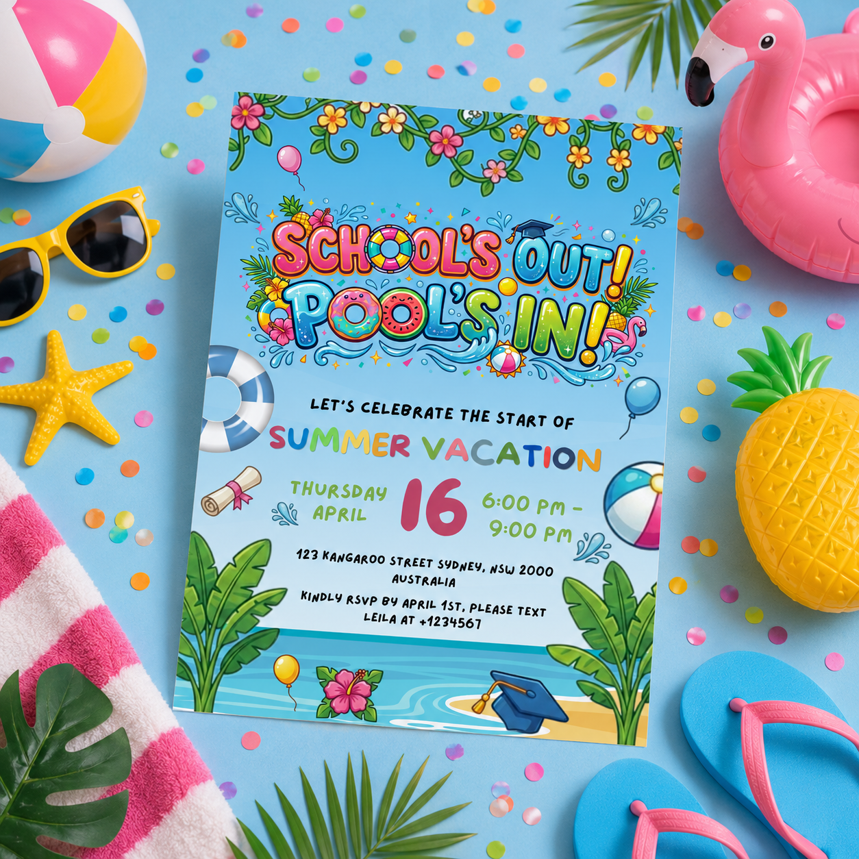 Graduation Pool Party Invitation, Kids Summer Beach Grad Invite, Hello Pool Goodbye School, Boy Girl Printable Editable Canva Template