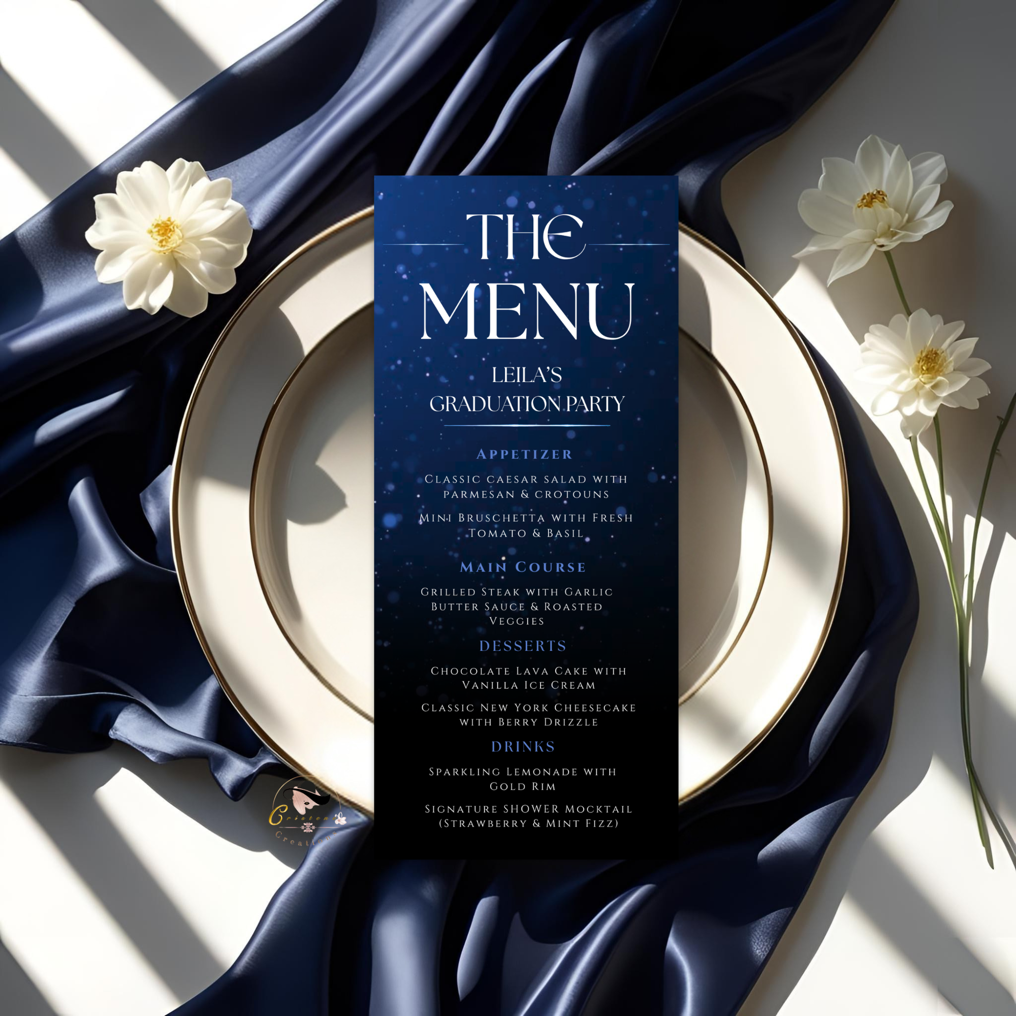 Editable Graduation Menu with Photo, Blue Grad Party Dinner Brunch Menu Card, Class of 2026 Menu For Him and Her, Printable Canva Template