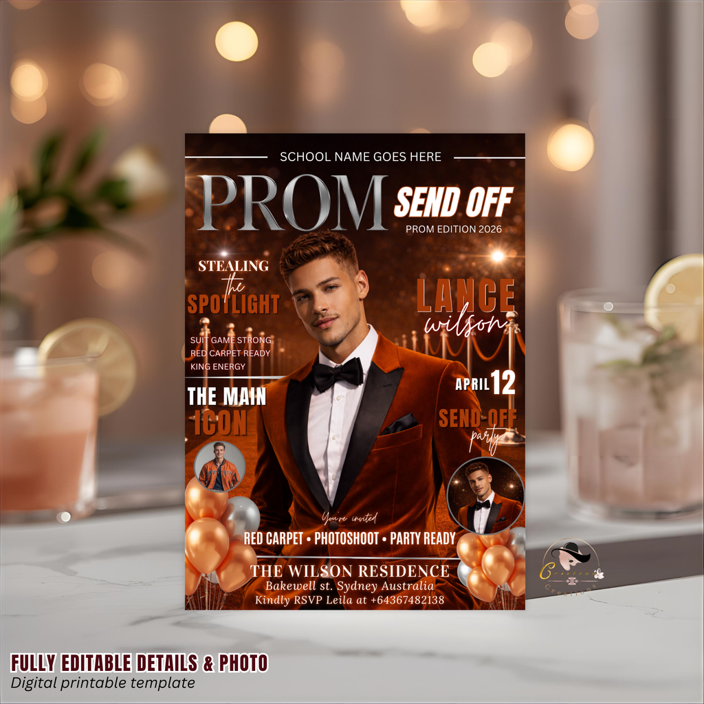 Boy Prom Send Off Party Invitation, Prom King with photo invite, Orange Prom Night Flyer Card, High School Prom Digital Printable Template
