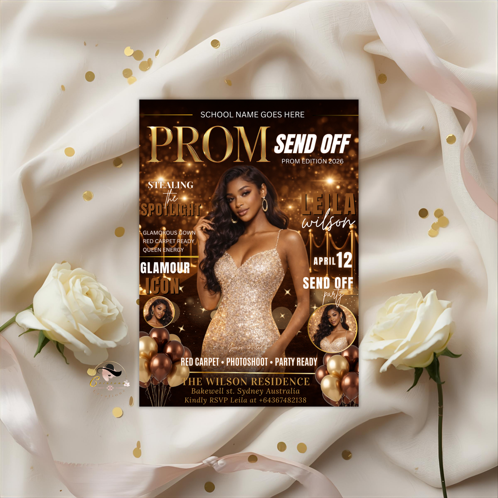 Brown Gold Prom Send Off Party Invitation, Prom Queen with photo invite, Girls Prom Night Flyer, Magazine Cover, Digital Printable Template