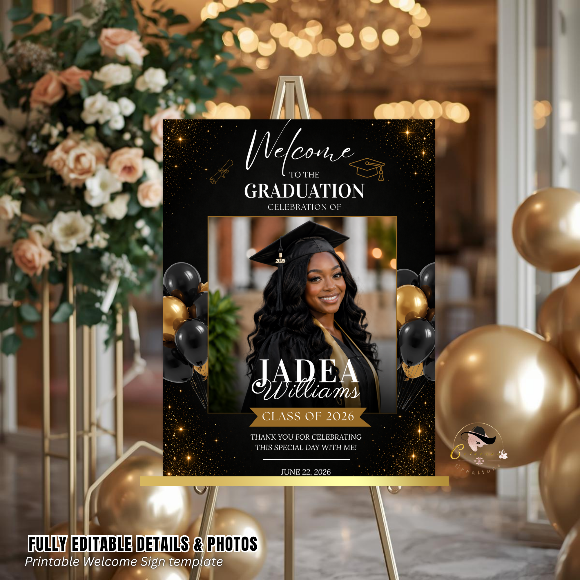 Graduation Welcome Party Sign with Photo, Elegant Class of 2026 Poster Sign, High School College Grad Dinner Brunch Canva Printable Template