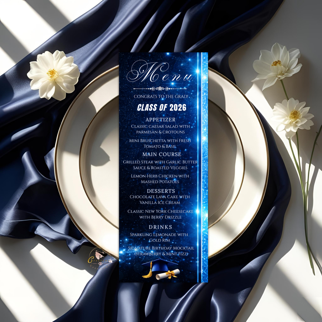 Blue Graduation Menu with Photo, Senior Grad Party Menu, Class of 2026 Dinner Menu Template, Girl Boy Menu, Printable Editable Canva