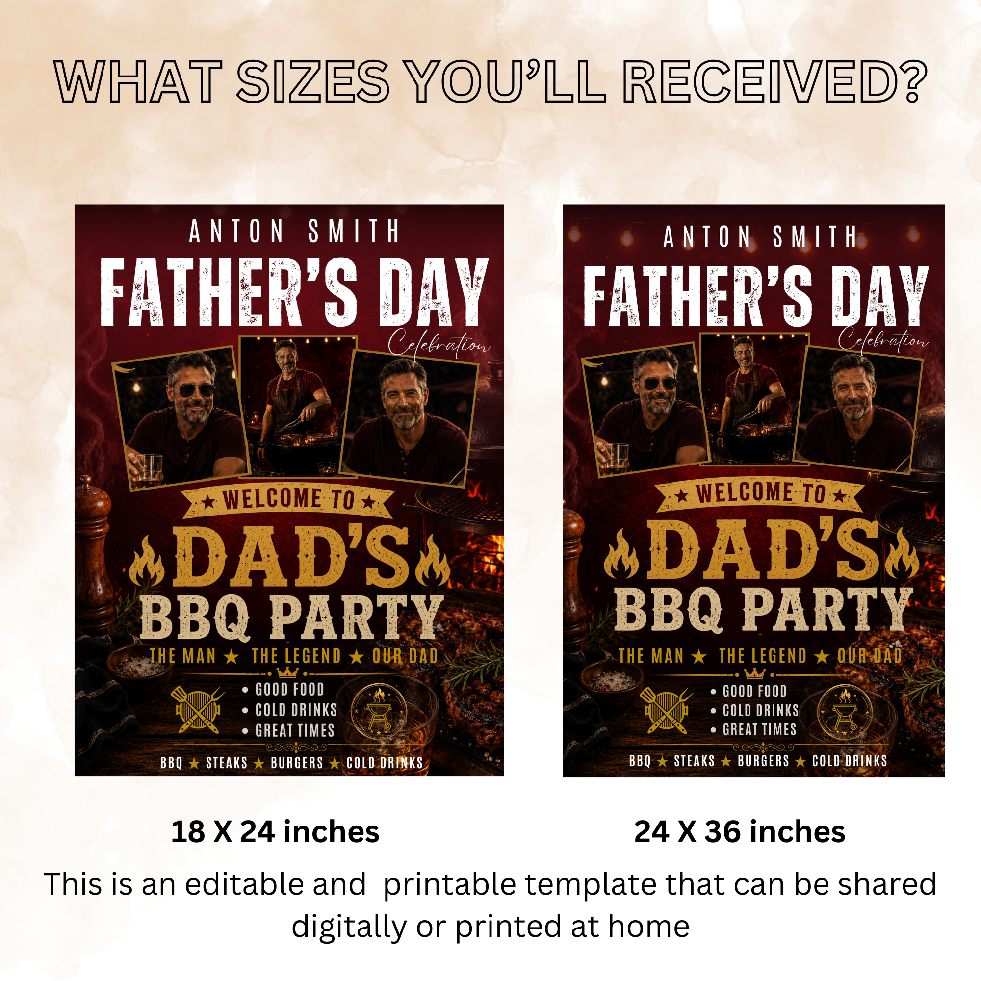 Red Fathers Day BBQ Welcome Sign with Photo, Dad Backyard Barbecue Party Poster Sign, Summer Cookout, Editable Printable Canva Template