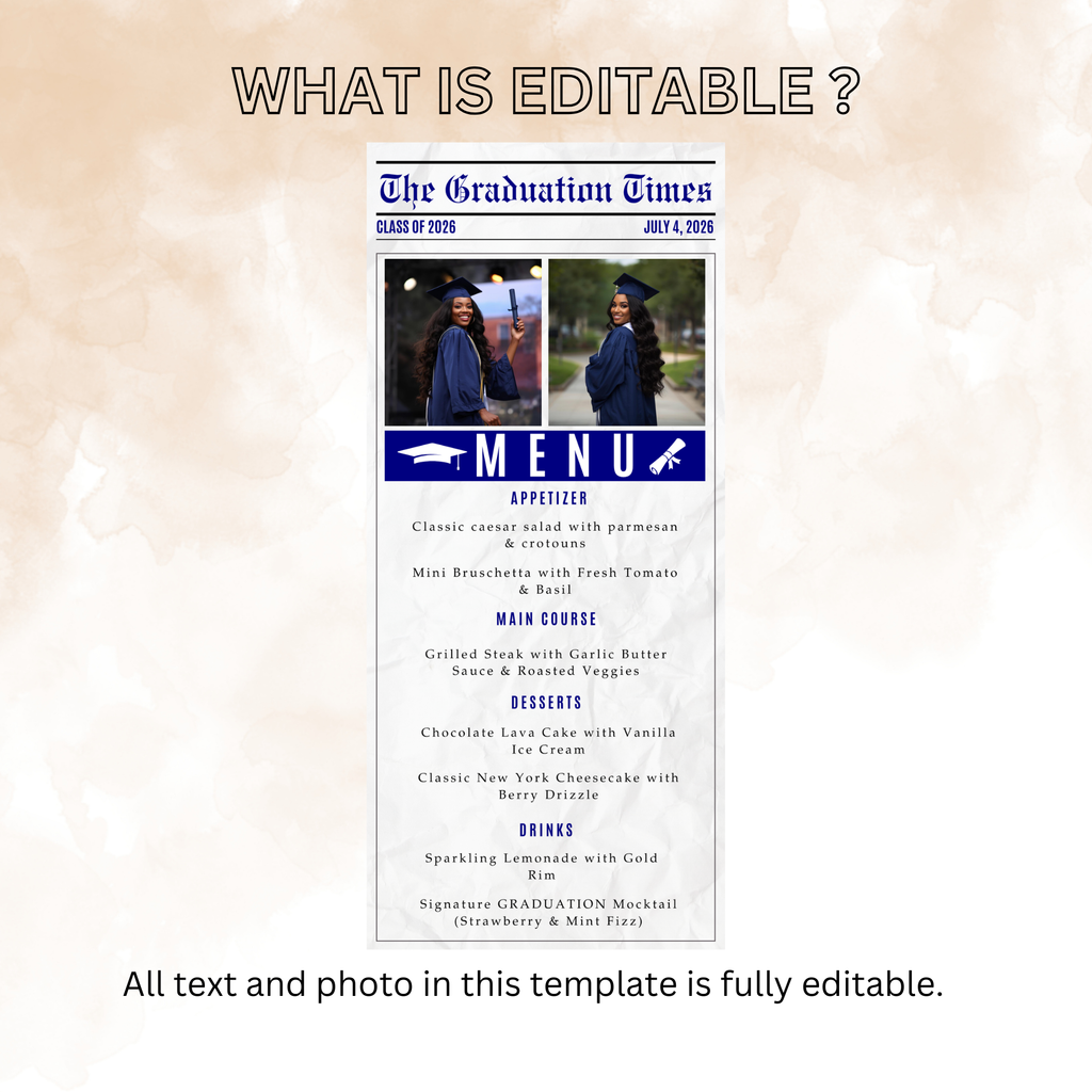 Blue Graduation Newspaper Menu Template, Senior Grad Party Menu Class of 2026 Dinner Menu Printable for Him and Her, Editable Printable Card