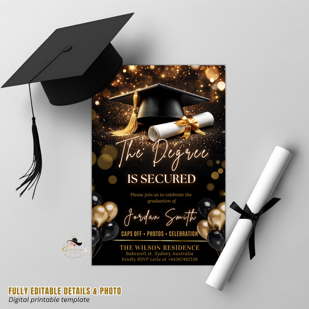 Black Gold Graduation Announcement Invitation, Senior Grad Party invite, Class of 2026, Boy Girl Flyer Card, Digital Printable Template