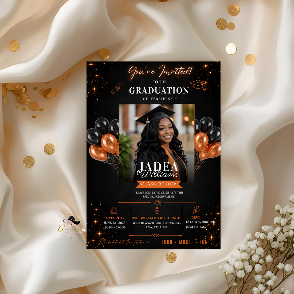 Graduation Party Invitation with Photo, Class of 2026 Grad Announcement Invite for Boys and Girls, Orange Editable Canva Printable Template
