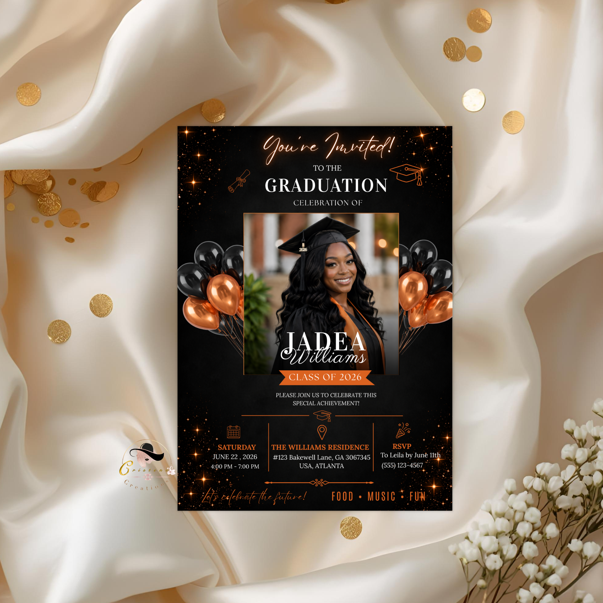 Graduation Party Invitation with Photo, Class of 2026 Grad Announcement Invite for Boys and Girls, Orange Editable Canva Printable Template