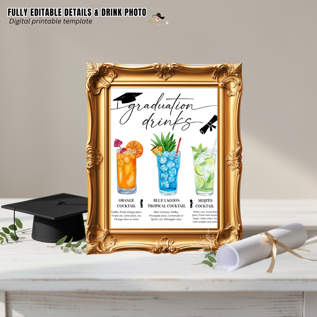 Graduation Signature Drink Menu, Grad Bar Sign Template, Class of 2026 Party Drinks Station , Digital Printable Canva
