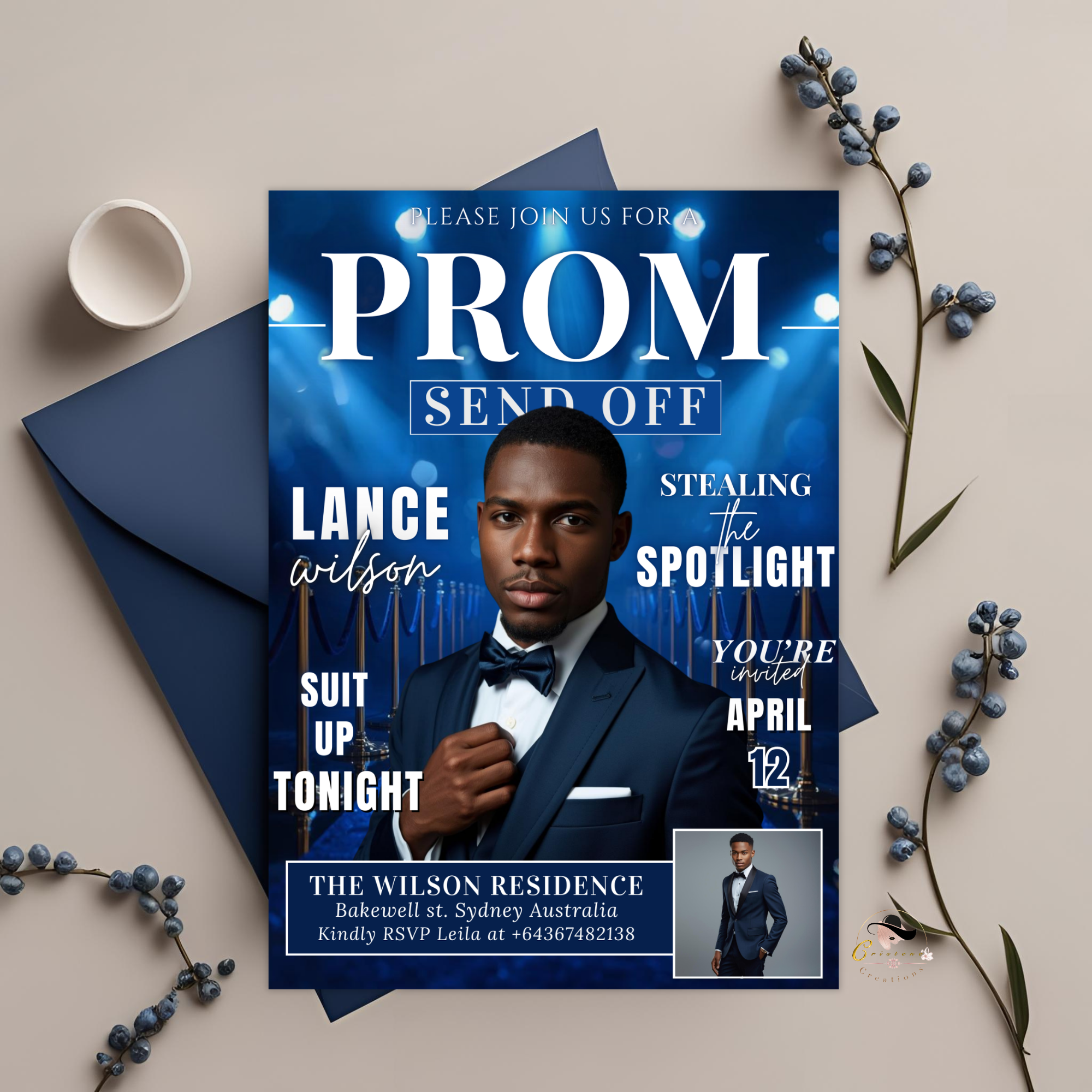 Blue Prom Send Off Invitation, Prom King Party with photo invite, Teen Boy Prom Night Flyer, Magazine Style Digital Printable Template