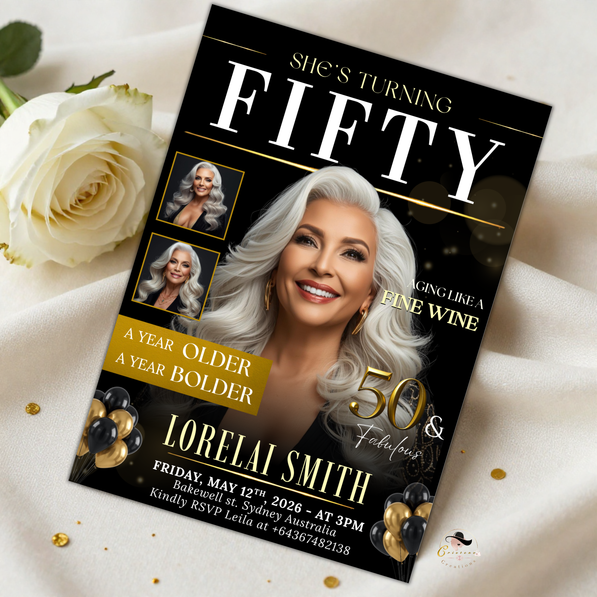 Black Gold 50th Birthday Dinner Invitation, 50 and Fabulous with photo Invite, Fiftieth Birthday Party Card, Digital Printable Template