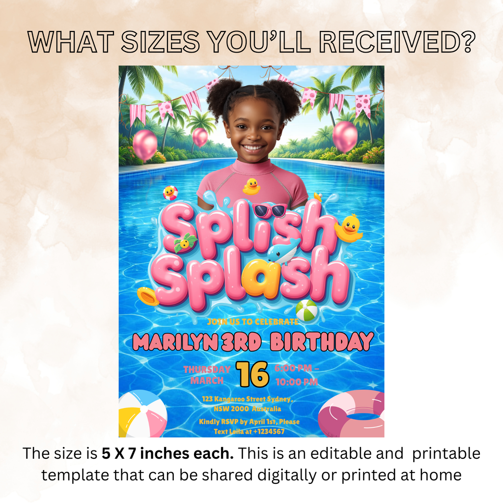 Kids Pool Party Birthday Invitation with Photo, Summer Tropical Splash Party Invite, Girl Swim Invite, Printable Editable Digital Template