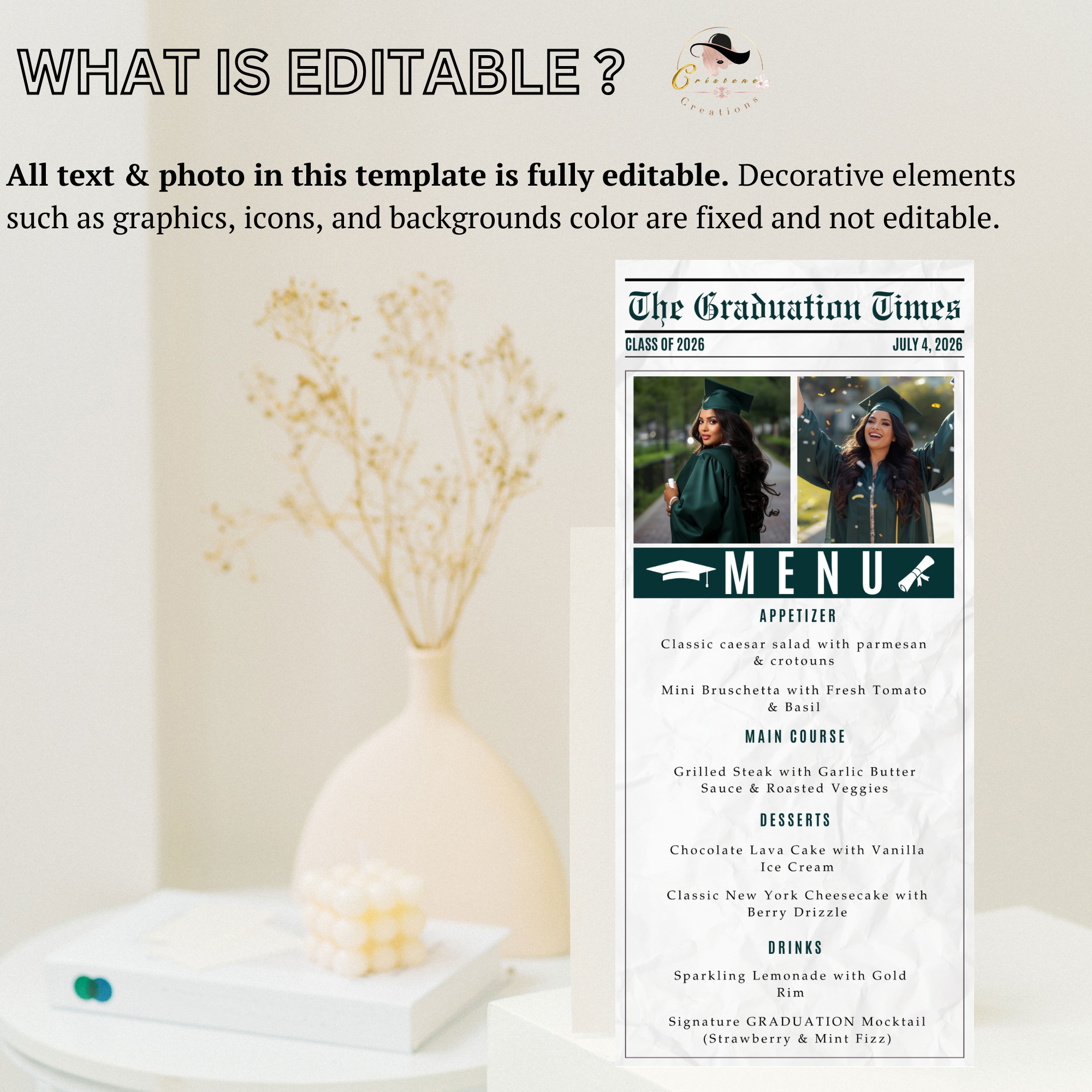 Senior Graduation Newspaper Menu with Photo, Green Class of 2026 Dinner Party Menu For Him and Her, Grad Brunch Menu Card Printable Template