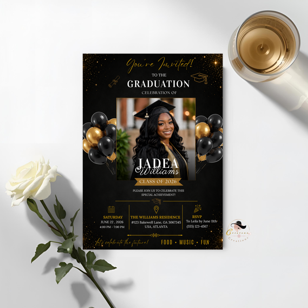 Graduation Invitation with Photo for Him and Her, Class of 2026 High School College Grad Party Invite Black Gold Editable Printable Template