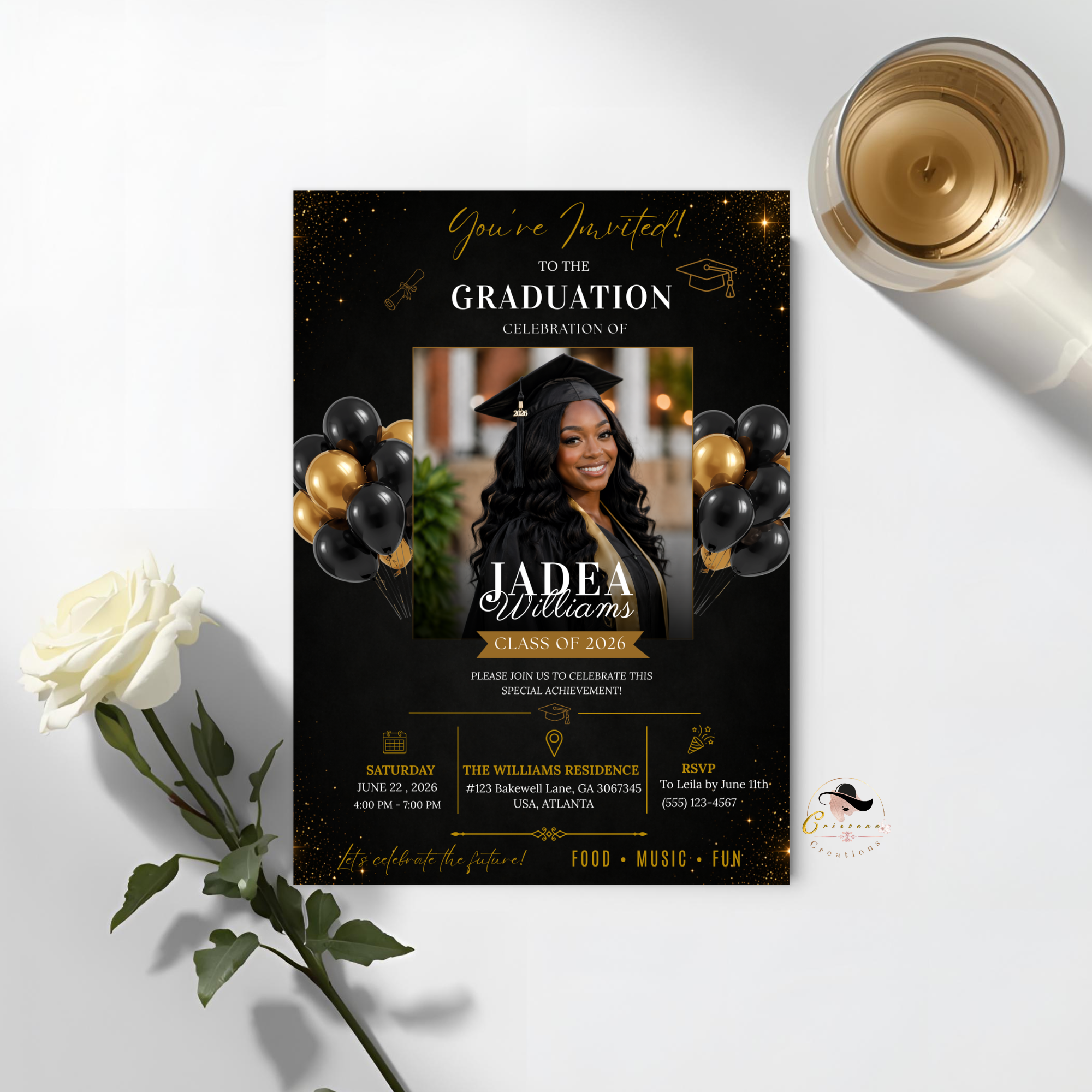 Graduation Invitation with Photo for Him and Her, Class of 2026 High School College Grad Party Invite Black Gold Editable Printable Template