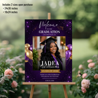 Purple Graduation Party Welcome Sign with Photo, High School College Grad Dinner Brunch Sign for him and her, Editable Printable Template