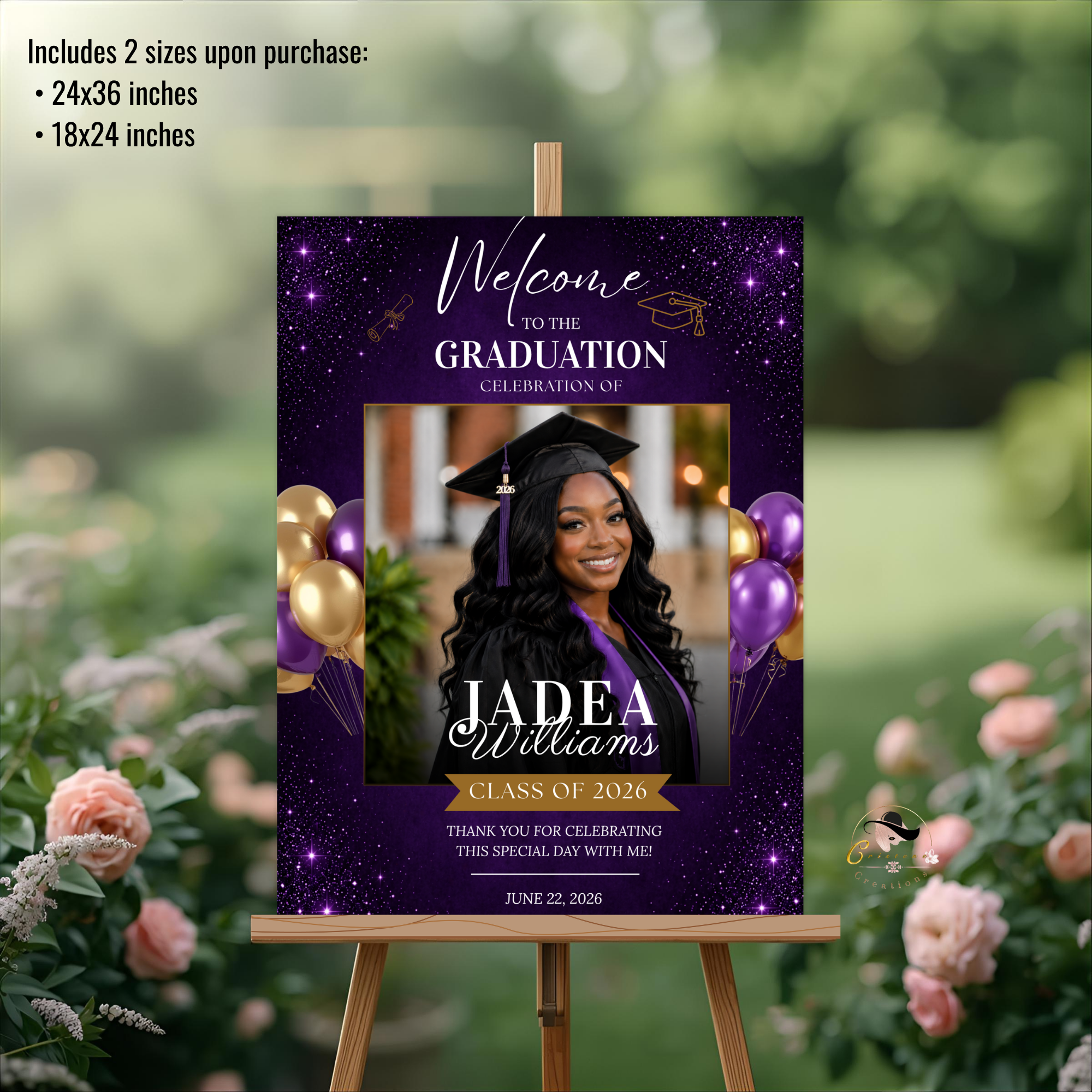 Purple Graduation Party Welcome Sign with Photo, High School College Grad Dinner Brunch Sign for him and her, Editable Printable Template