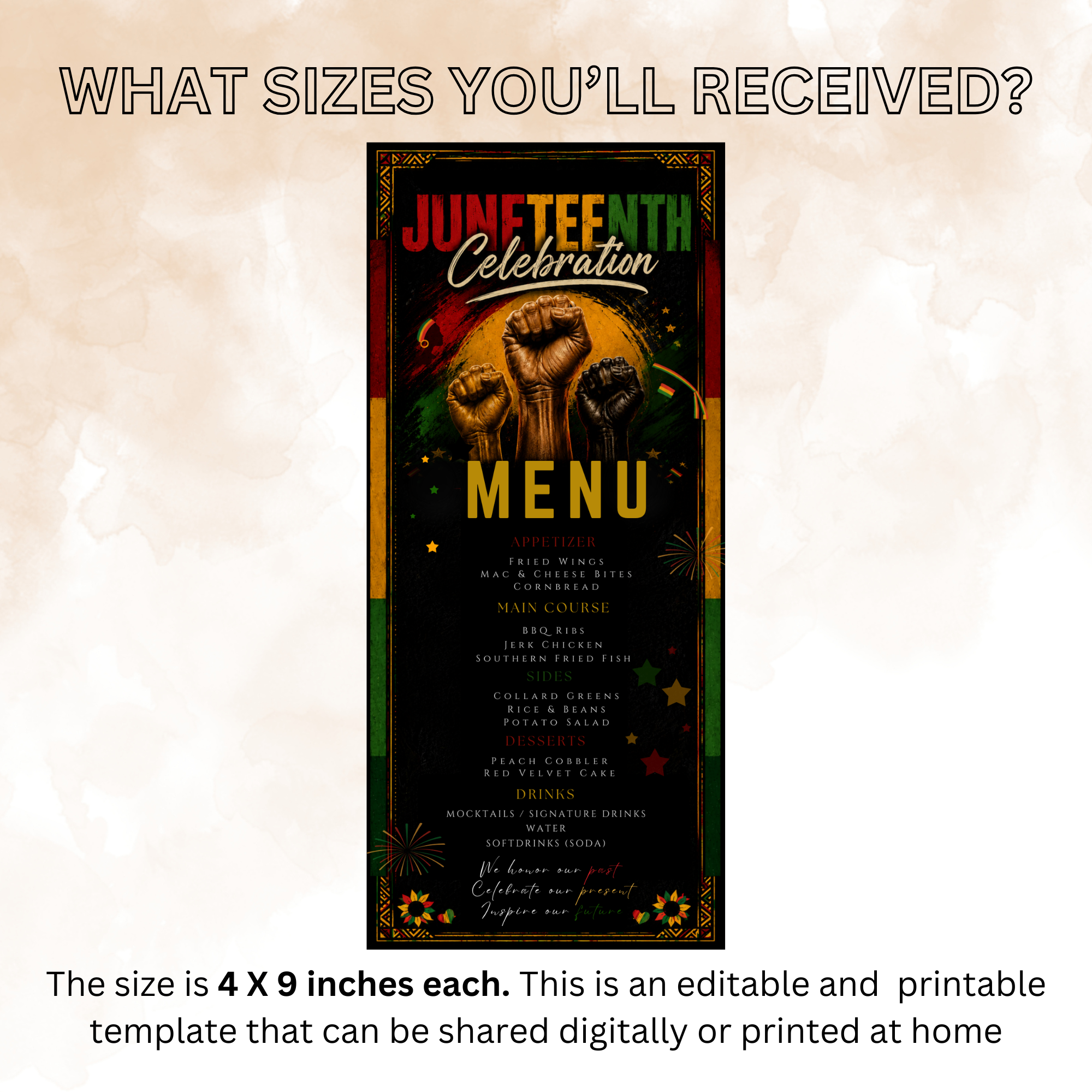 Juneteenth Party Menu Template, June 19th Black Freedom Day BBQ Cookout Menu, Jubilee Day Dinner Menu Card, Printable Digital Canva Template