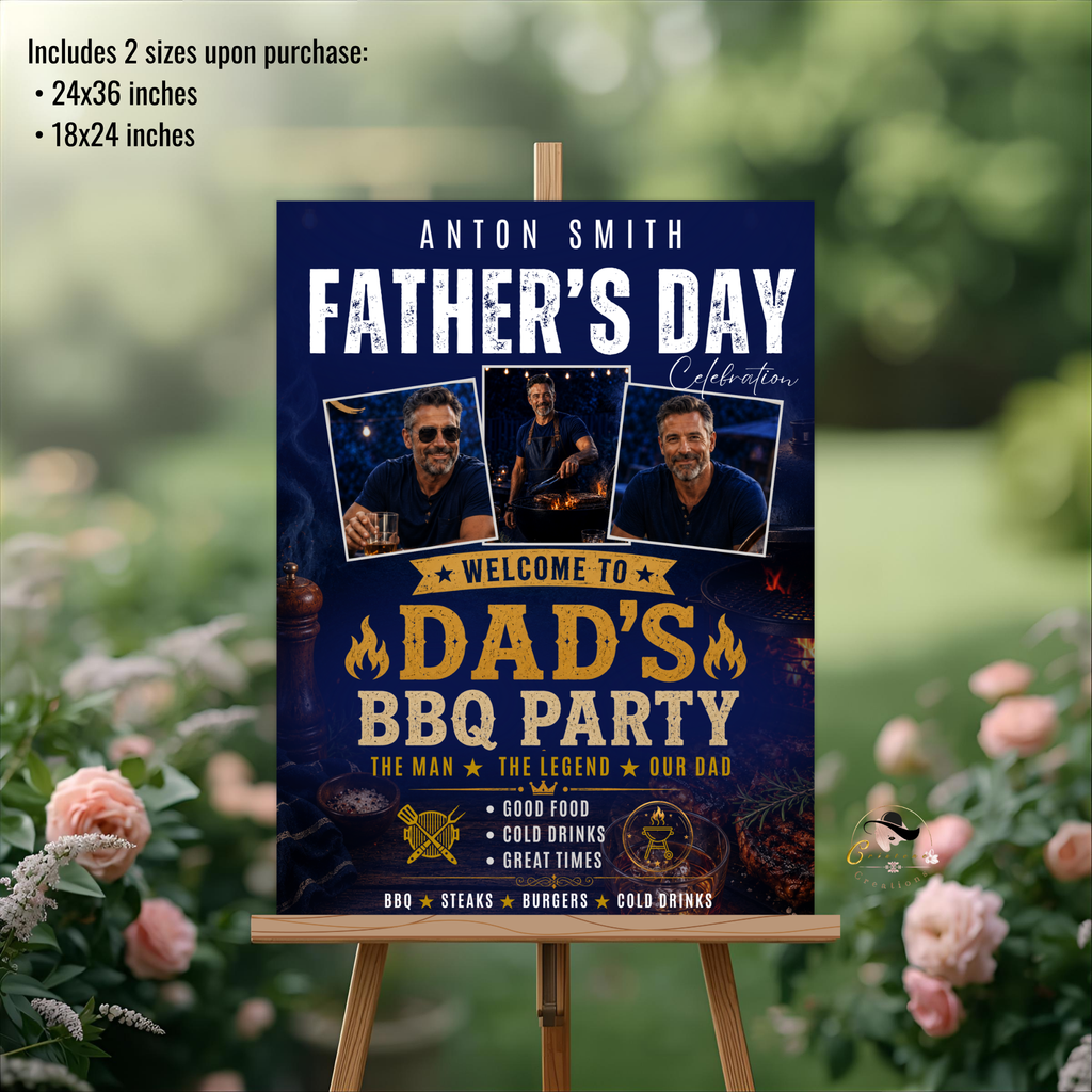 Dad BBQ Party Welcome Sign with Photo, Father’s Day Cookout Poster Sign, Summer Backyard Grill Party Sign, Blue Printable Canva Template