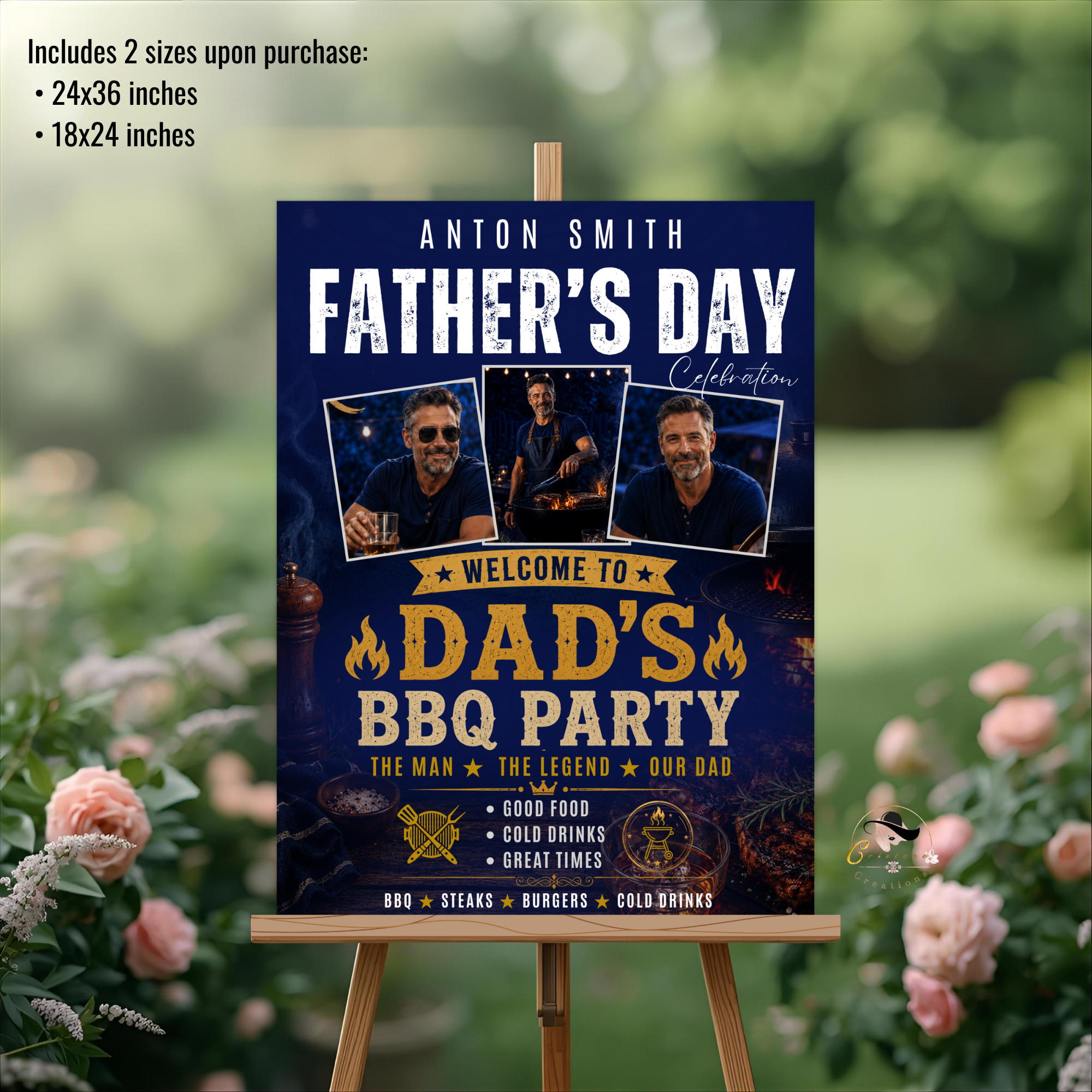 Dad BBQ Party Welcome Sign with Photo, Father’s Day Cookout Poster Sign, Summer Backyard Grill Party Sign, Blue Printable Canva Template
