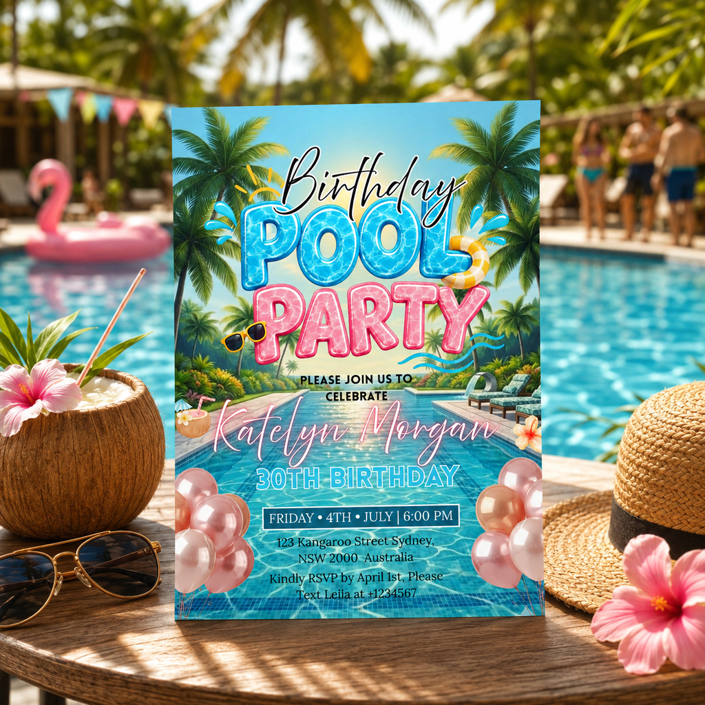 Birthday Pool Party Invitation, Summer Tropical Aloha Luau Adult Birthday Invite, Hawaiian Invite, Editable Printable Canva Digital Template