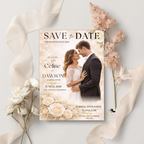 Wedding Save the Date Invitation, White Gold Floral Save Date Party with photo invite, Editable Canva Printable Digital Template