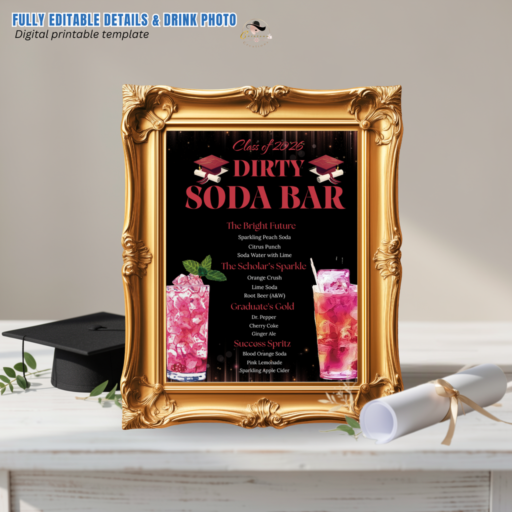Graduation Soda Bar Menu Template, Editable Drink Station Sign, Class of 2026 Grad Party Drinks, Editable Canva Printable