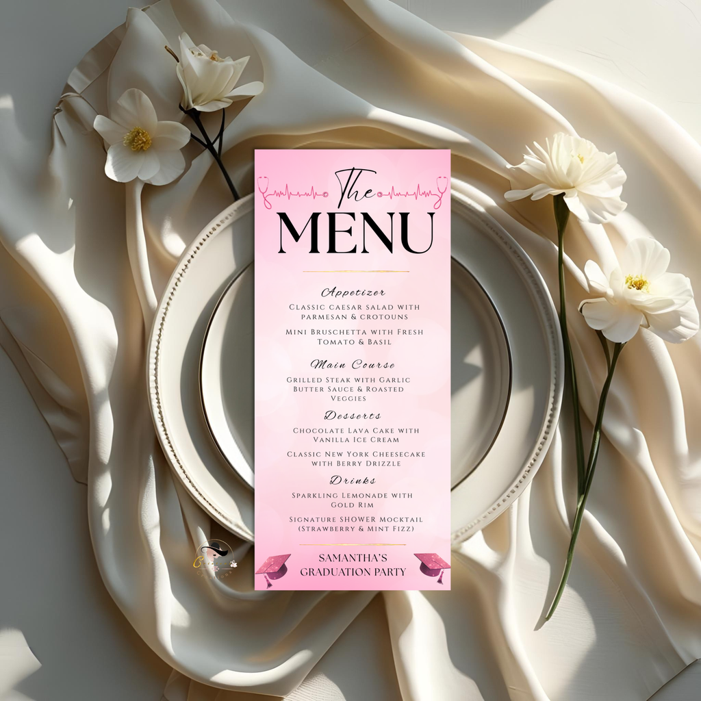 Nurse Graduation Menu Template with Photo, Pink RN BSN LPN Menu Card, Pinning Ceremony Party Menu, Dinner Menu, Editable Canva Printable