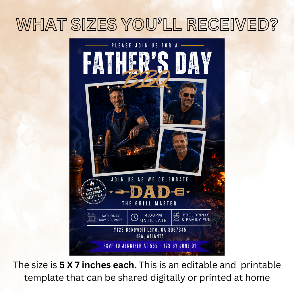 Blue Father’s Day Barbecue Invitation with Photo, Grill Party Invite for Dad, Summer BBQ Cookout Invite, Editable Printable Canva Template