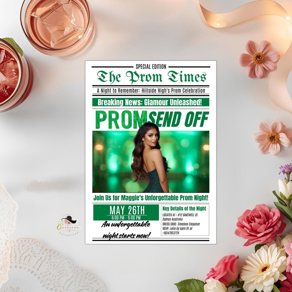Green Newspaper Prom Send Off Invitation, Prom Queen with photo invite, Teen Boy Prom Night Party Flyer Card, Digital Printable Template