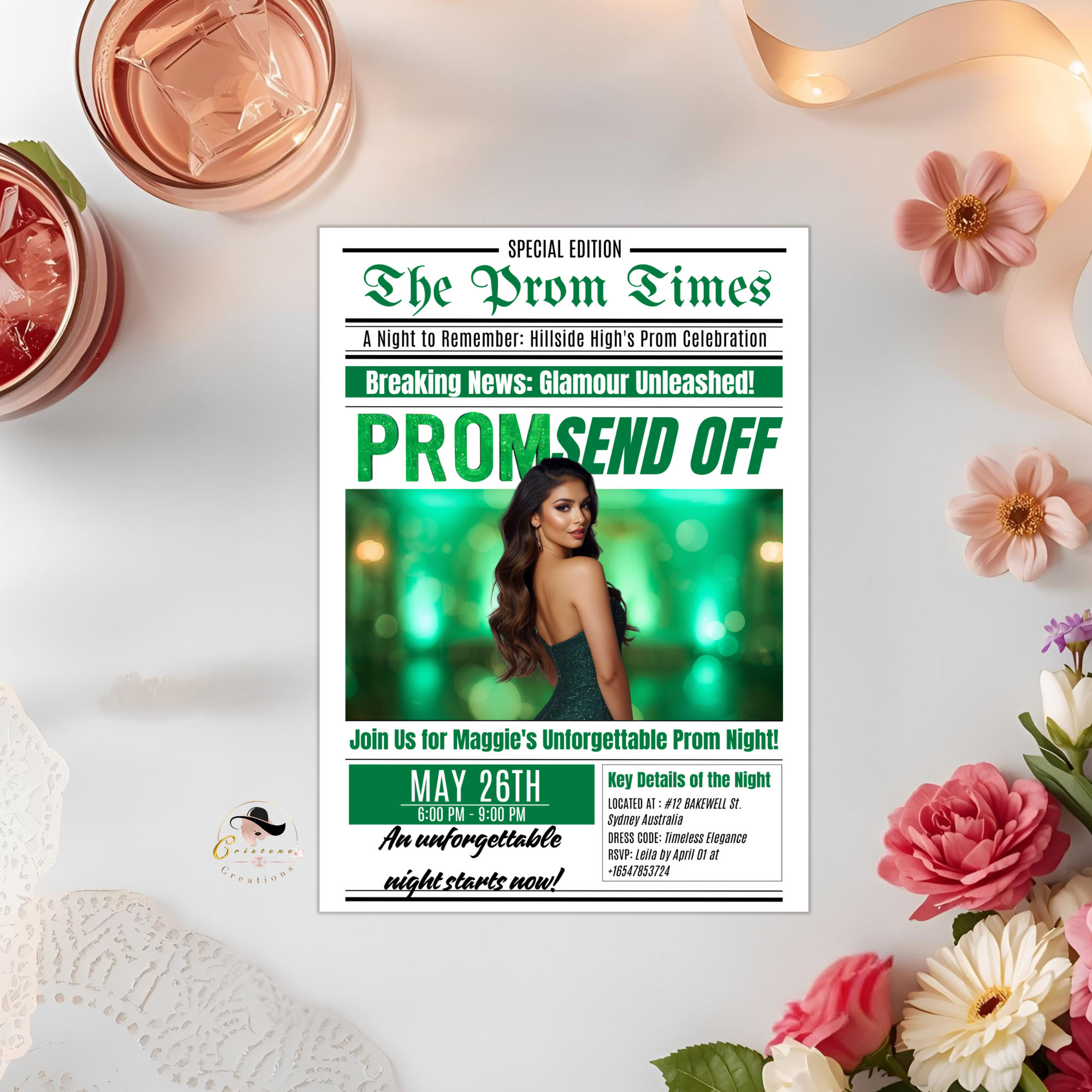 Green Newspaper Prom Send Off Invitation, Prom Queen with photo invite, Teen Boy Prom Night Party Flyer Card, Digital Printable Template