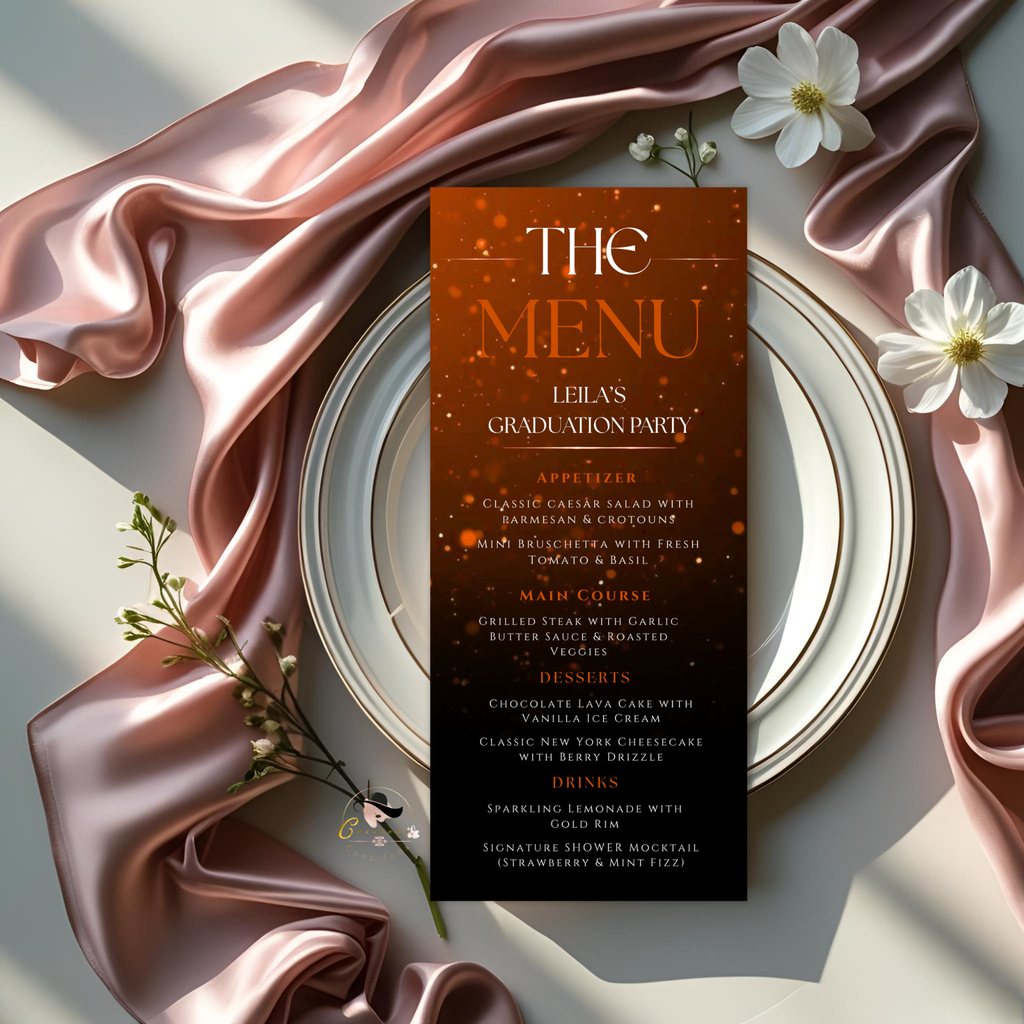 Orange Graduation Menu Template with Photo, Class of 2026 Grad Dinner Brunch Menu Card for High School College, Canva Printable