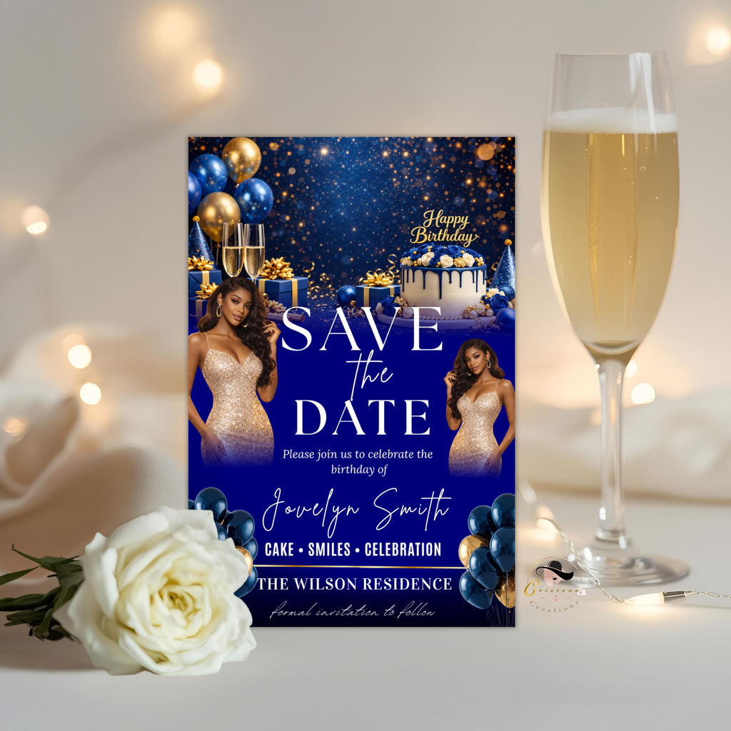 Save the Date Birthday Invitation, Blue Gold Save Date Party with photo Invite, Elegant Dinner Event Card, Printable Digital Template