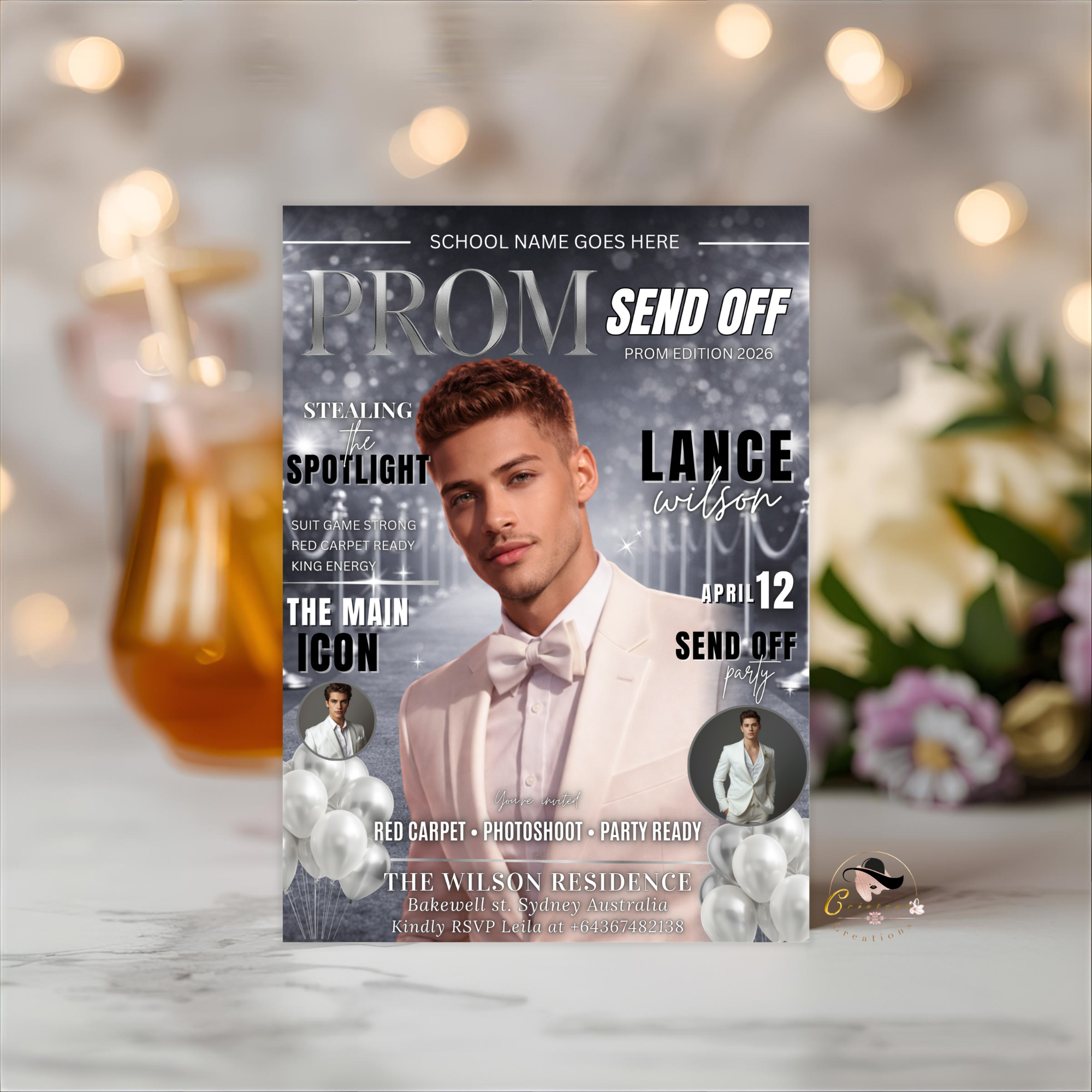 White Silver Prom Send Off Party Invitation, Prom King with photo invite, Boys Prom Night Flyer, High School Prom Digital Printable Template