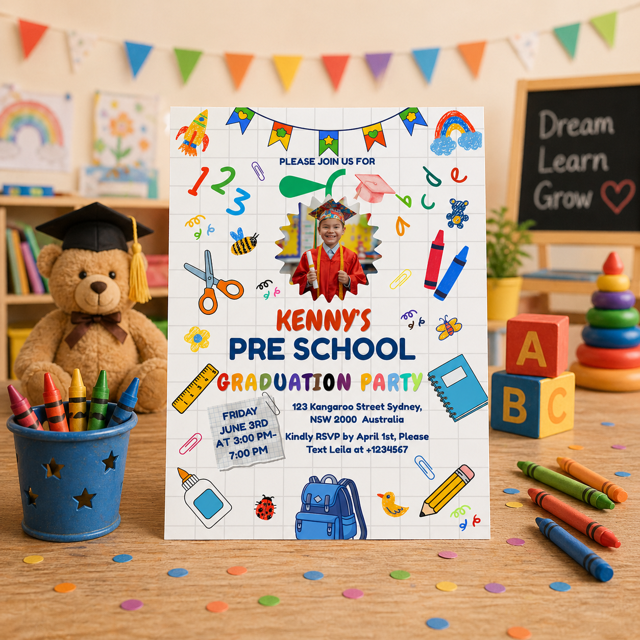 Preschool Pre K Graduation Invitation with Photo, Kindergarten Class of 2026 Grad Party Invite for Him and Her, Editable Canva Template