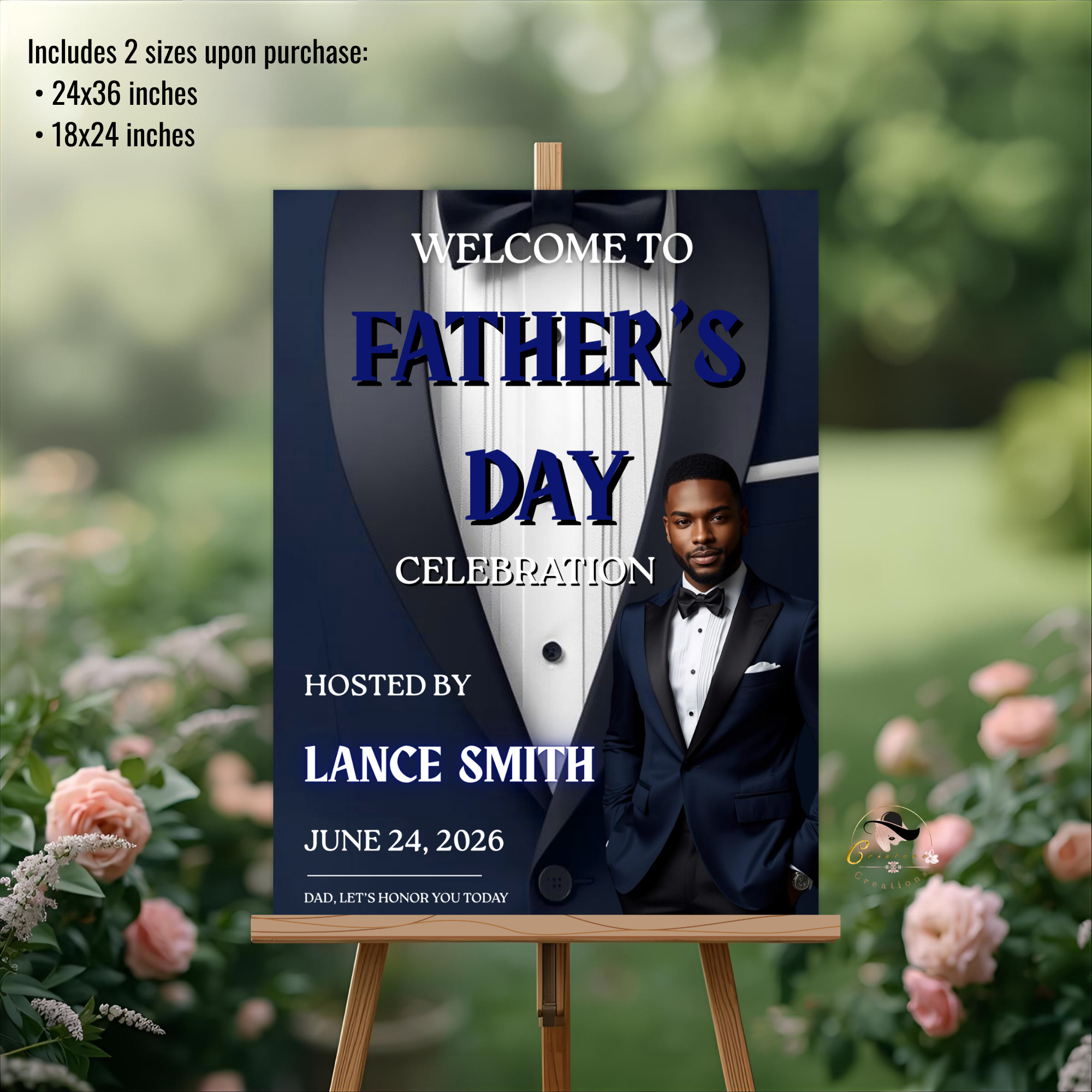 Blue Fathers Day Welcome Sign with Photo, Elegant Tuxedo Gentleman Party Sign, Birthday Retirement Sign For Him, Printable Editable Template
