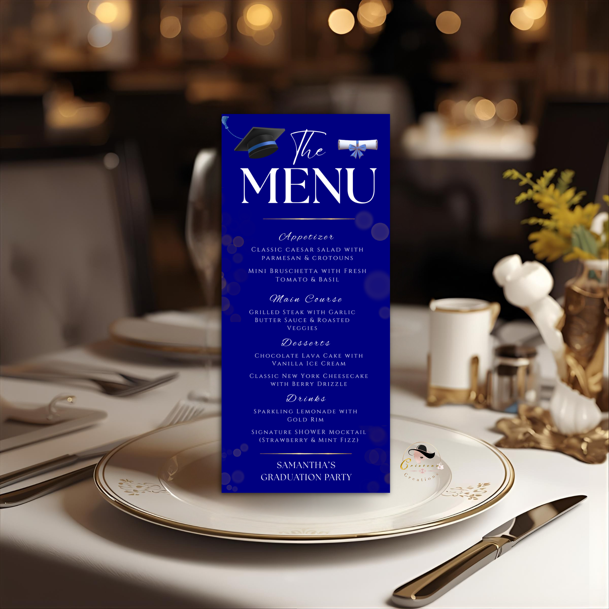 Blue Graduation Menu with Photo, High School College Grad Dinner Menu Class of 2026, Girl Boy Graduates Menu Card, Editable Canva Template