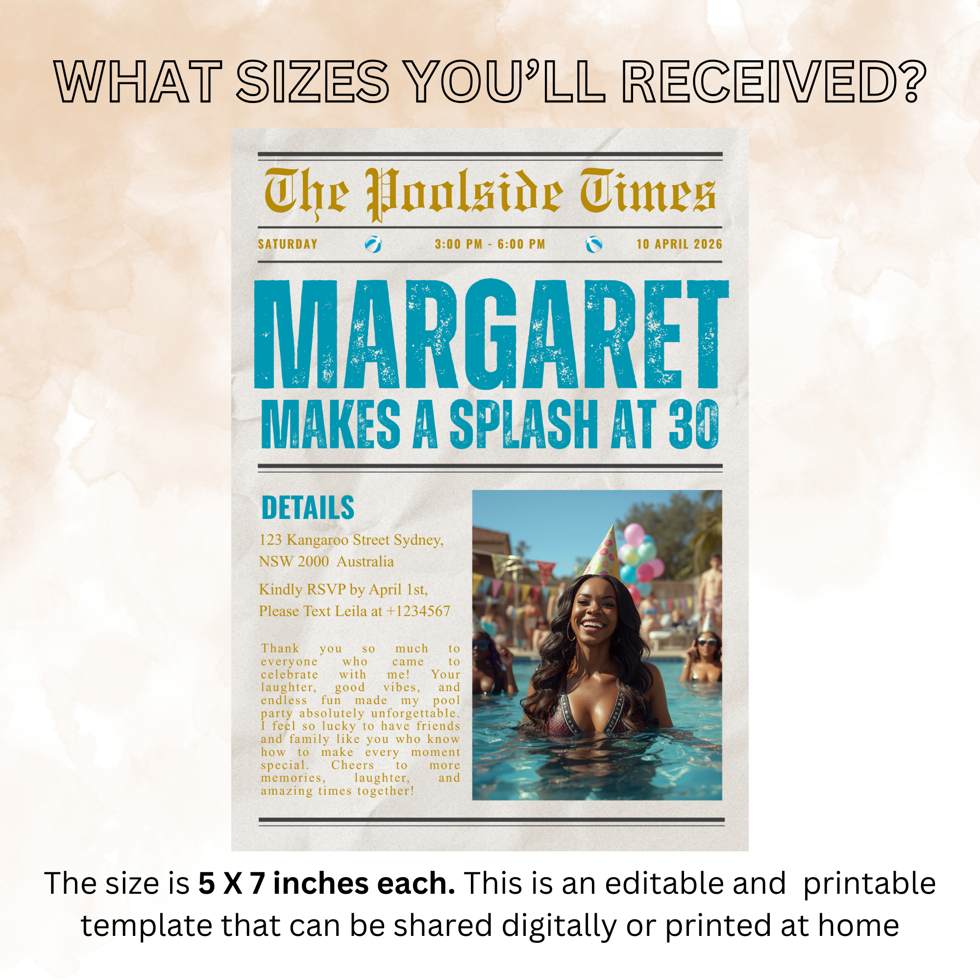 Birthday Pool Party Invitation with Photo, Newspaper Style Summer Tropical Adult Birthday Invite, Luau Invite, Printable Canva Template
