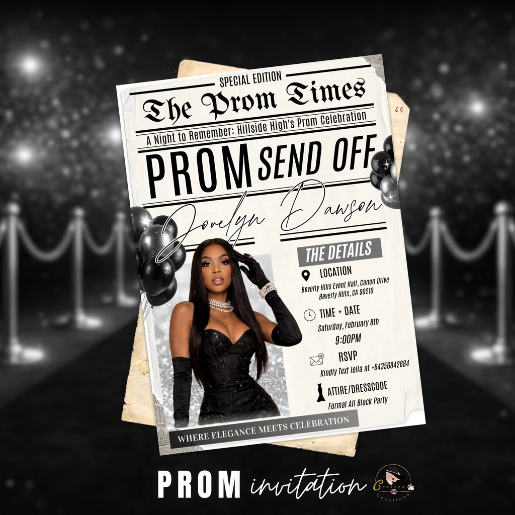 Newspaper Prom Send Off Party Invitation, Black Silver Prom Queen with photo invite, Girl Prom Night Flyer Card, Digital Printable Template